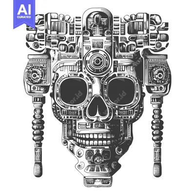 Aset desain premium: Detailed Black and White Sketch of a Skull with Mechanical Components