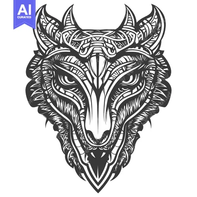 Aset desain premium: Detailed black and white stylized wolf head design
