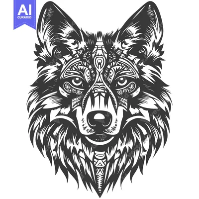 Aset premium populer: Detailed Black and White Wolf Head with Geometric Patterns