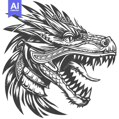 Aset desain premium: Detailed Drawing of a Dragon's Head with Open Mouth and Sharp Teeth