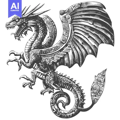 Premium design asset: Detailed Engraved Illustration of a Dragon with Aztec-Inspired Design
