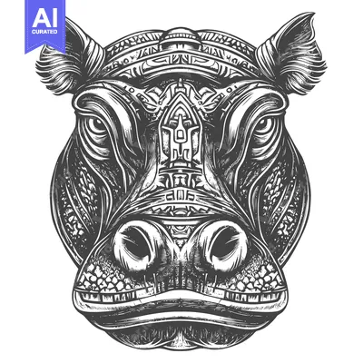 Aset desain premium: Detailed Engraved Illustration of a Hippopotamus Head