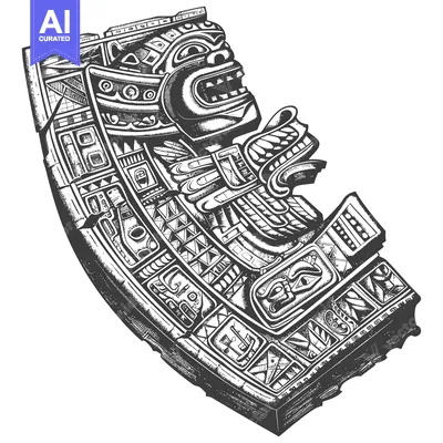 Popular premium asset: Detailed Engraved Illustration of an Aztec Mask with Feathers and Intr