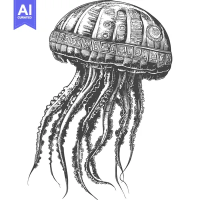 Aset premium populer: Detailed Engraving of a Jellyfish with Intricate Design