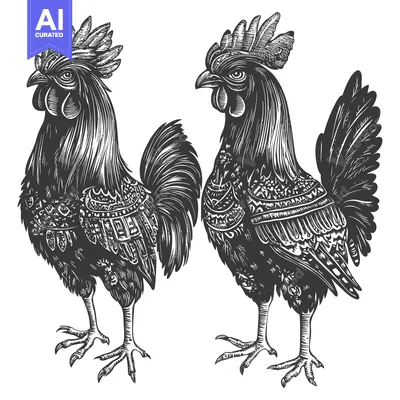 Aset desain premium: Detailed Engravings of Two Roosters with Ornamental Feathers
