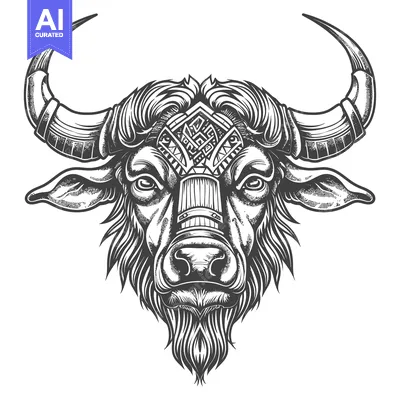 Aset premium populer: Detailed Graphic of a Bull's Head with Ornamental Horns