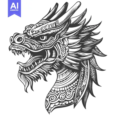 Aset premium populer: Detailed Hand-Drawn Black and White Dragon Head Illustration