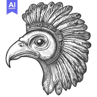 Aset desain premium: Detailed Hand-Drawn Illustration of a Feathered Eagle Head