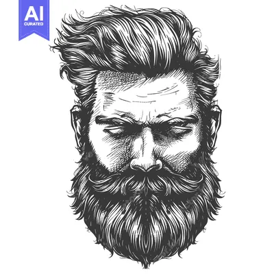 Aset desain premium: Detailed Hand Drawn Illustration of a Man's Face with a Thick Beard