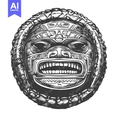 Aset premium populer: Detailed Hand-Drawn Illustration of an Ancient Aztec God's Mask with I