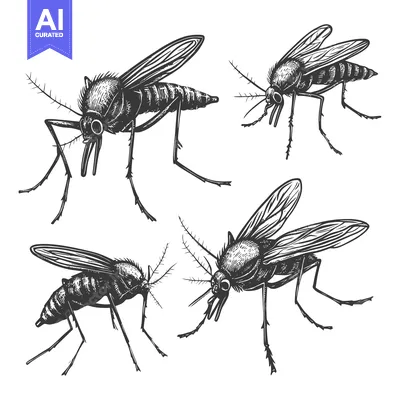 Aset desain premium: Detailed Hand-Drawn Sketches of Mosquitoes in Various Poses