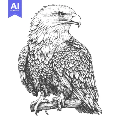 Aset premium populer: Detailed Hand-Drawn Sketch of a Bald Eagle Perched on a Branch