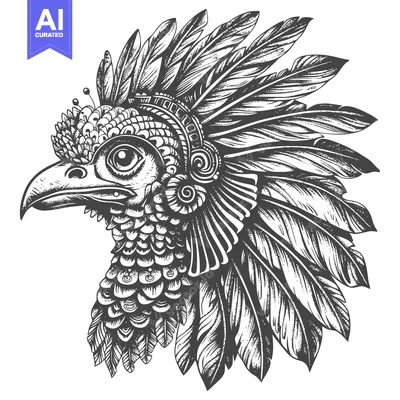 Aset desain premium: Detailed illustration of a bird's head with intricate feathers and geo
