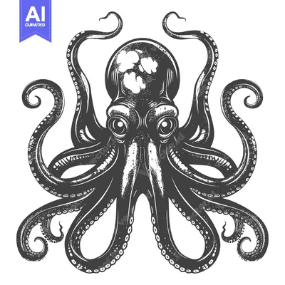 Aset premium populer: Detailed Illustration of a Black and White Octopus with Eight Tentacle