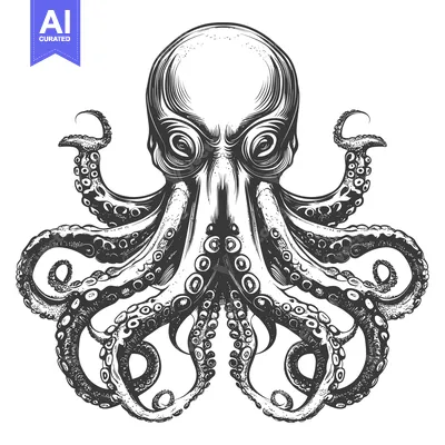 Aset desain premium: Detailed Illustration of a Black and White Octopus with Eight Tentacle