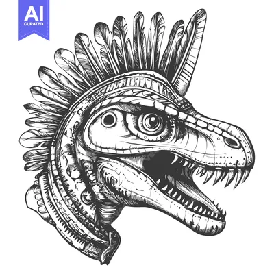 Aset desain premium: Detailed Illustration of a Dinosaur Head with Feathers
