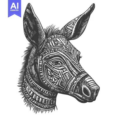Aset desain premium: Detailed Illustration of a Donkey's Head with Geometric Patterns