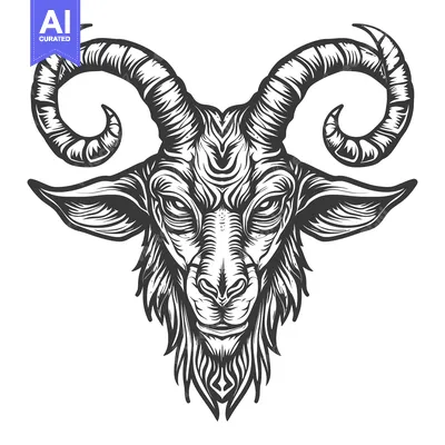 Aset desain premium: Detailed Illustration of a Goat's Head with Large Curved Horns