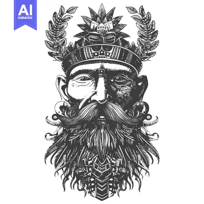 Aset desain premium: Detailed Illustration of a Man with a Large Feathered Beard and a Head