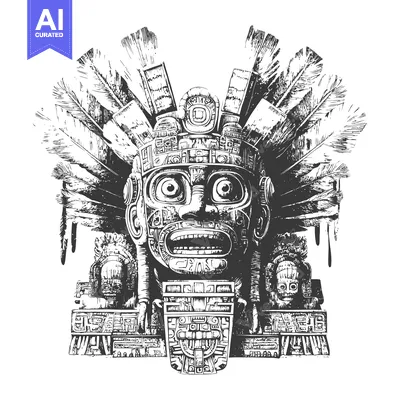 Aset desain premium: Detailed Illustration of a Mayan God with Feathers and Carved Stone Fe