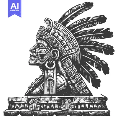 Premium design asset: Detailed Illustration of a Mayan Head with Feathers