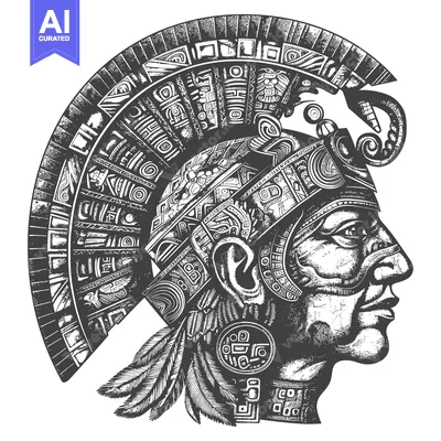 Aset desain premium: Detailed Illustration of an Aztec Warrior's Profile with Ornate Helmet
