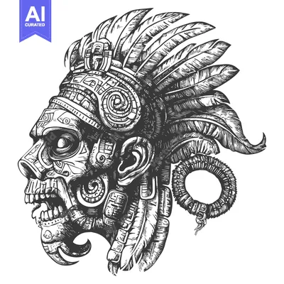 Popular premium asset: Detailed Illustration of an Aztec Warrior's Skull with Feathers and Or