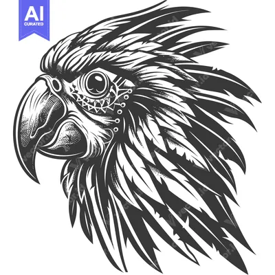 Aset desain premium: Detailed Illustration of a Parrot's Head with Intricate Feathers