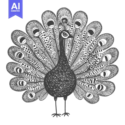 Aset desain premium: Detailed Illustration of a Peacock with Spread Feathers
