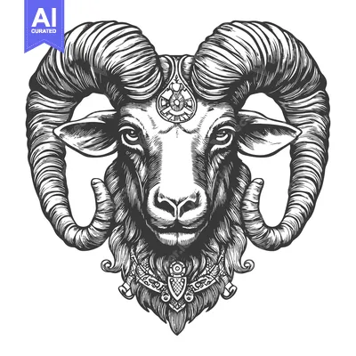 Aset premium populer: Detailed Illustration of a Ram's Head with Ornate Accents
