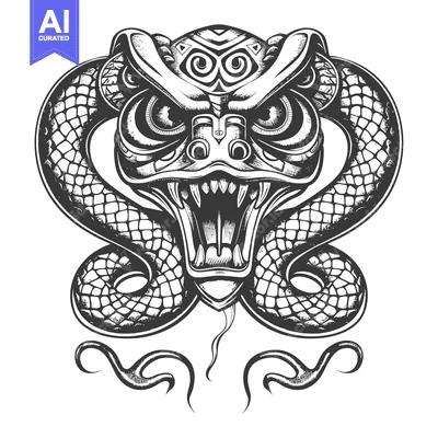 Premium design asset: Detailed Illustration of a Snake's Head with Fangs and Intricate Desig