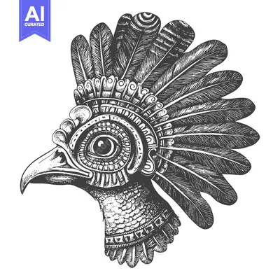 Aset desain premium: Detailed Illustration of a Stylized Bird Head with Feathers and Orname