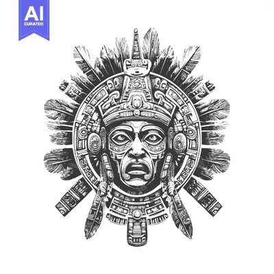 Aset desain premium: Detailed illustration of a stylized, feathered Aztec mask
