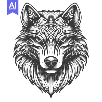 Aset premium populer: Detailed Illustration of a Wolf's Head in Black and White