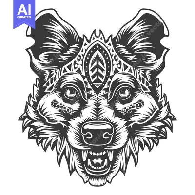 Premium design asset: Detailed Illustration of a Wolf's Head with a Geometric Design Above I