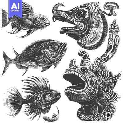 Aset premium populer: Detailed Illustration of Fish and Ornate Mythical Creatures