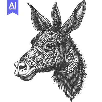 Aset premium populer: Detailed Ink Drawing of a Donkey's Head with Geometric Patterns
