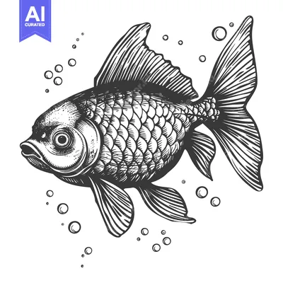 Aset premium populer: Detailed Ink Illustration of a Black and White Goldfish with Bubbles