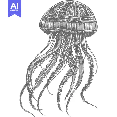 Aset premium populer: Detailed Ink Illustration of a Jellyfish with Complex Tentacles