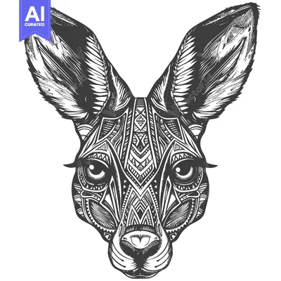 Detailed Line Art Drawing of a Kangaroo's Face with Tribal Patterns