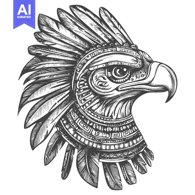Premium design asset: Detailed Line Art Drawing of an Eagle Head with Feathers and Ornamenta
