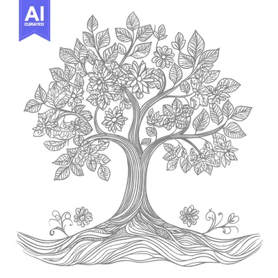 Premium design asset: Detailed Line Art Illustration of a Tree with Flowers and Intricate Ro