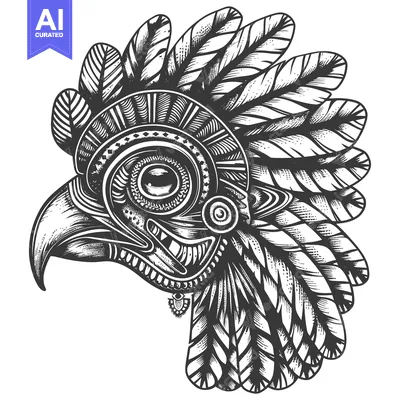 Aset desain premium: Detailed Line Drawing of an Ornate Feathered Bird Head