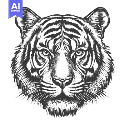 Aset desain premium: Detailed Line Drawing of a Tiger's Head with Striped Fur and Whiskers