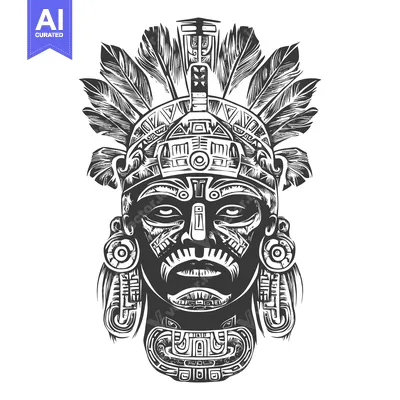 Aset desain premium: Detailed Monochromatic Illustration of an Aztec Warrior Mask