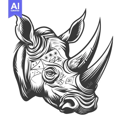 Premium design asset: Detailed Monochromatic Illustration of a Rhino Head with Geometric Pat