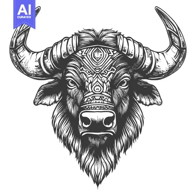 Aset premium populer: Detailed Monochrome Illustration of a Bull's Head with Ornamental Horn