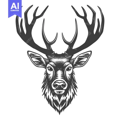 Aset premium populer: Detailed Monochrome Illustration of a Deer's Head with Antlers