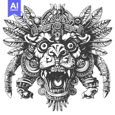 Premium design asset: Detailed Monochrome Illustration of a Feathered Aztec Deity Mask