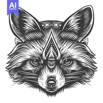 Premium design asset: Detailed Monochrome Illustration of a Fox Head with Geometric Patterns